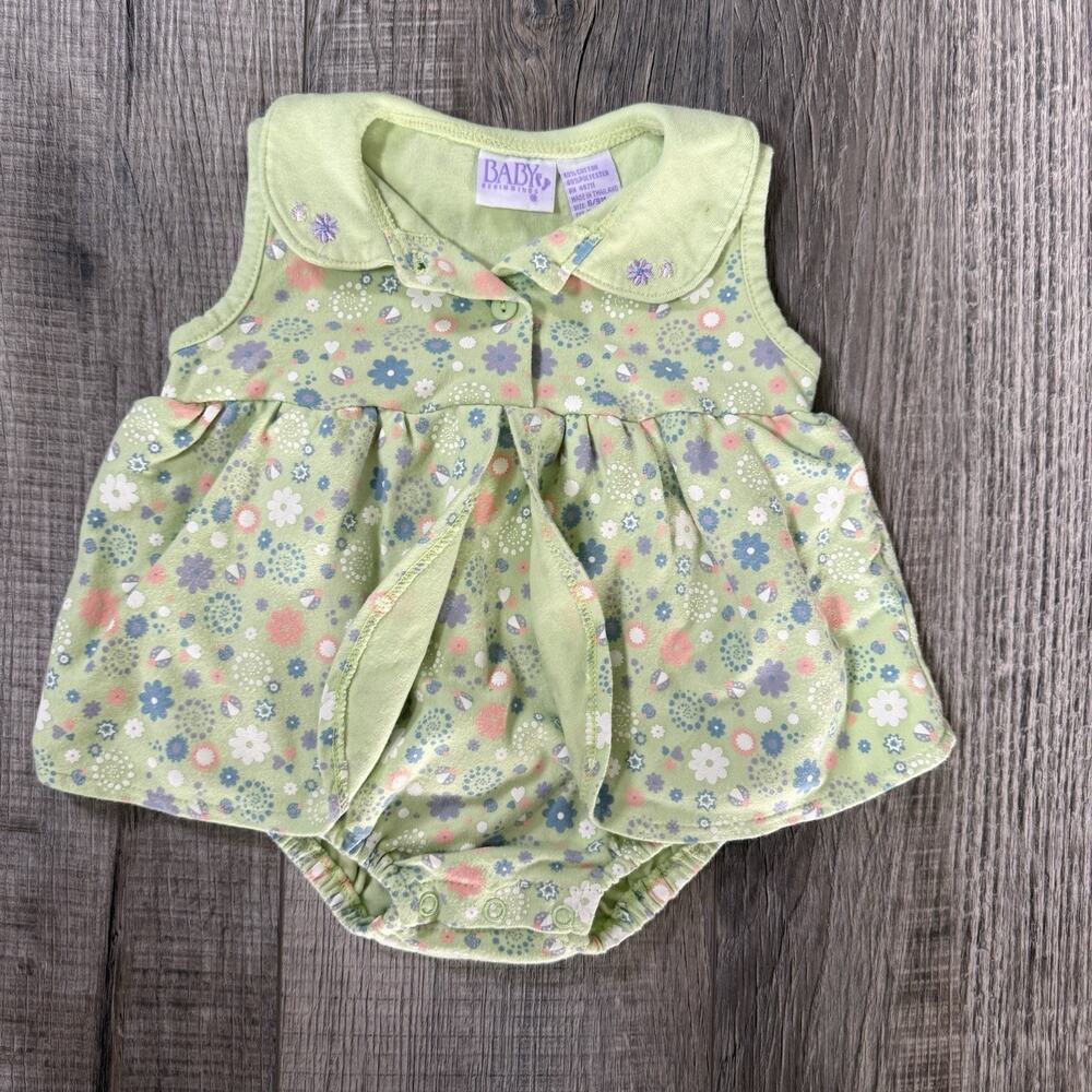 Vtg 6-9 Months Green Floral Bubble Romper Dress Collar Baby Girl Cottagecore Y2K